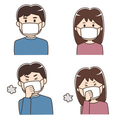 Coughing man and woman wearing a medical face mask to prevent coronavirus or covid-19 or another type of virus. Vector illustration isolated on white background.