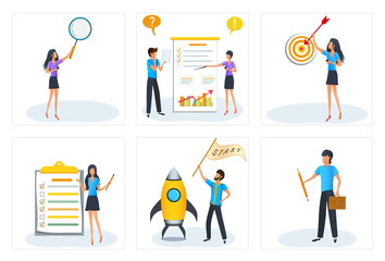 Vector concept of startup new business project. Goal Achievements. Organizing tasks. Time management. HR manager searching for candidate to hire. Human resources. Business team meeting, brainstorming