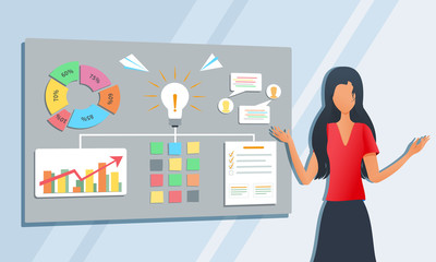 Vector modern illustration of business consultant give presentation of ideas for new startup project. Businesswoman, teacher or coach explaining information during workshop training seminar