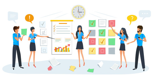 Vector illustration, business training, workshop. Team of people working on a new project. Businessmen discuss social network, dialogue speech bubbles. Office workers are studying company analytics.