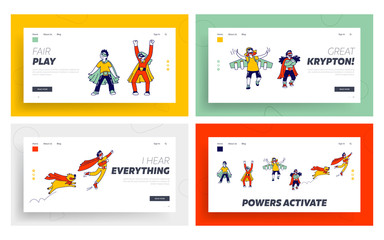 Superhero Kids Characters Playing and Having Fun in Comics Costumes with Funny Dog Landing Page Template Set. Children Go Back to School, Kindergarten Theater Performance. Linear Vector Illustration