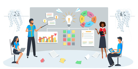 Vector modern illustration of business training. Team brainstorming the idea. Workshop event. Startup new business project. Market statistics analysis, employee studying company growth analytics.