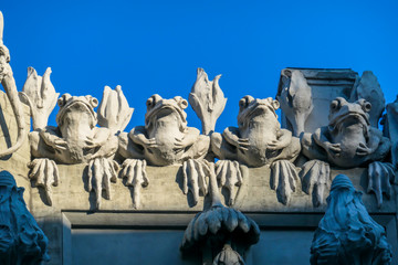 A close up on row of sitting frogs at the rooftop of House with Chimaeras/Horodecki House build in Art Nouveau style in Kiev, Ukraine. House is decorated with various animals like rhinos, elephants