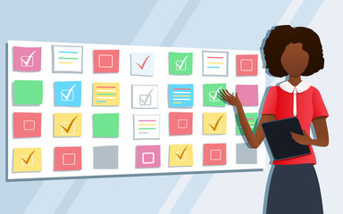 Vector illustration of workshop training. Business consultant pointing at scrum task board plan. Professional female coach standing at whiteboard with sticky notes. Business presentation
