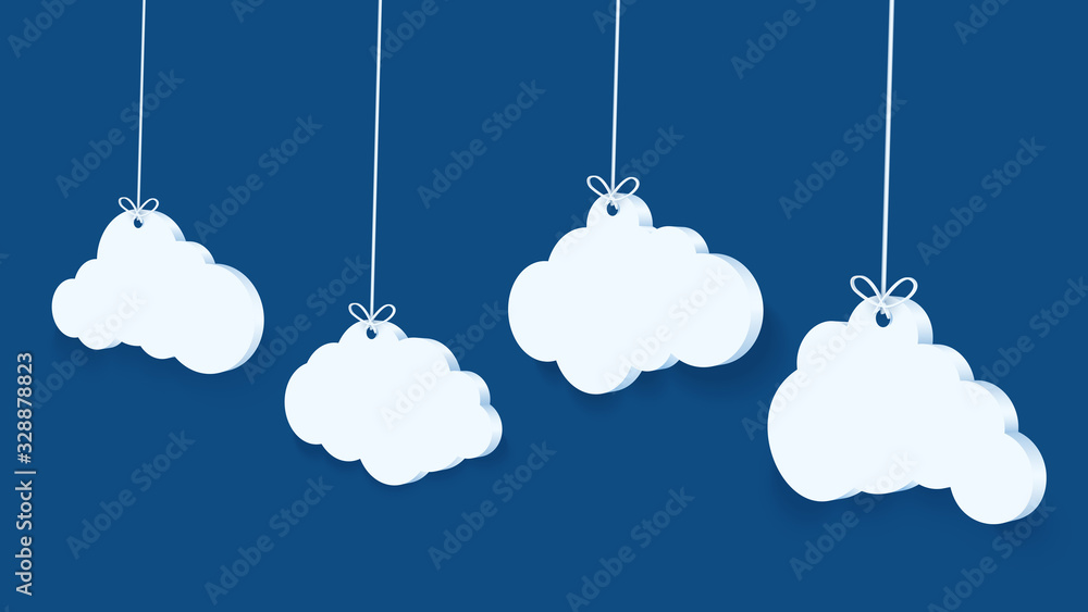 Aufkleber 3d perspective with cloud on blue background. copy space. speech bubble and white blank hanging..