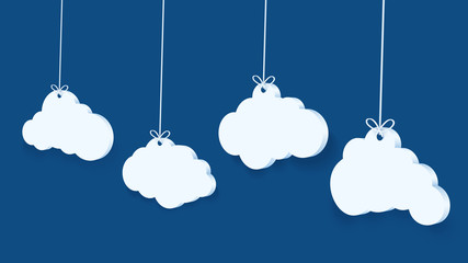 3d perspective with cloud on blue background. Copy space. Speech Bubble and white blank hanging..