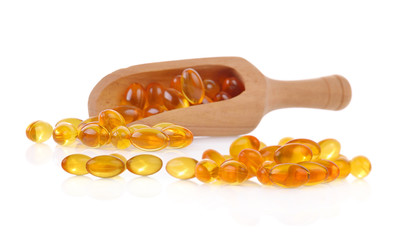 Cod liver oil omega 3 gel capsules isolated on white