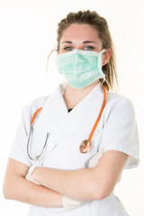 Woman doctor wearing protective face mask against coronavirus epidemic COVID-19
