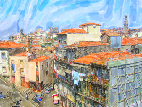 Cityscape of Porto in portugal with street and traditional houses.