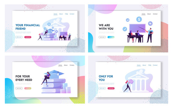 Investment in Knowledge, Educational Loan Landing Page Template Set. Tiny Students Characters Take Money Debt in Bank for Invest in Education and Future Successful Career. Cartoon Vector Illustration