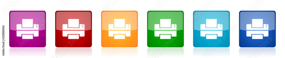 Aufkleber Printer icon set, colorful square glossy vector illustrations in 6 options for web design and mobile applications
