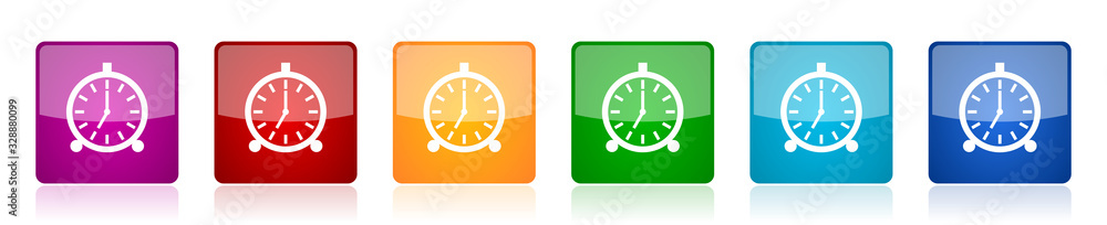 Poster alarm icon set, colorful square glossy vector illustrations in 6 options for web design and mobile a