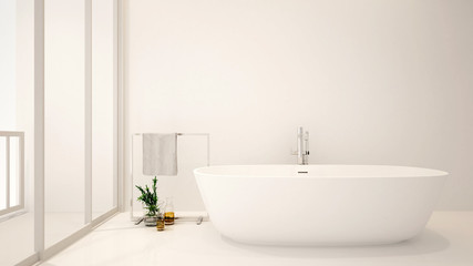 Obraz na płótnie Canvas Bathroom and balcony for artwork of hotel or villa. White bathroom minimal design for spa. 3D Rendering