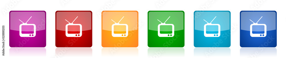 Aufkleber tv icon set, colorful square glossy vector illustrations in 6 options for web design and mobile appl