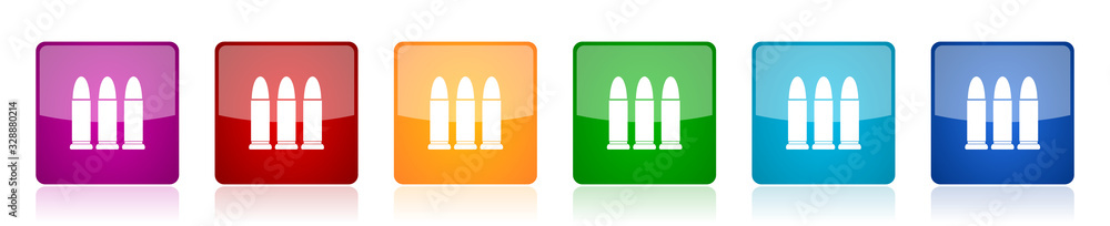 Aufkleber Ammunition icon set, colorful square glossy vector illustrations in 6 options for web design and mobile applications
