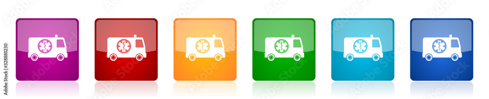 Aufkleber ambulance icon set, colorful square glossy vector illustrations in 6 options for web design and mobi