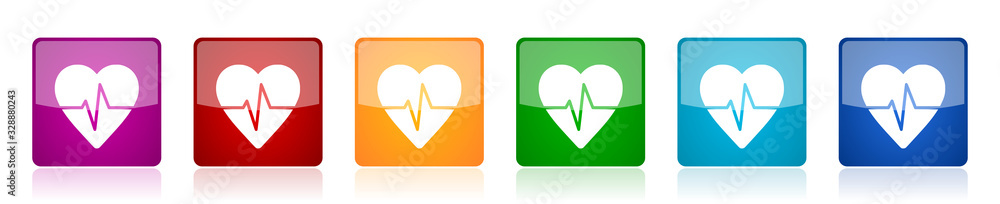 Aufkleber Pulse icon set, colorful square glossy vector illustrations in 6 options for web design and mobile applications