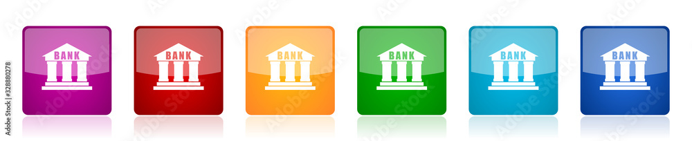 Poster bank icon set, colorful square glossy vector illustrations in 6 options for web design and mobile ap