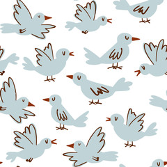 Cute birds hand-drawn seamless pattern. Cartoon birds for kids and home decor background in light blue on white background for wrapping paper, fabric, textile, wallpaper