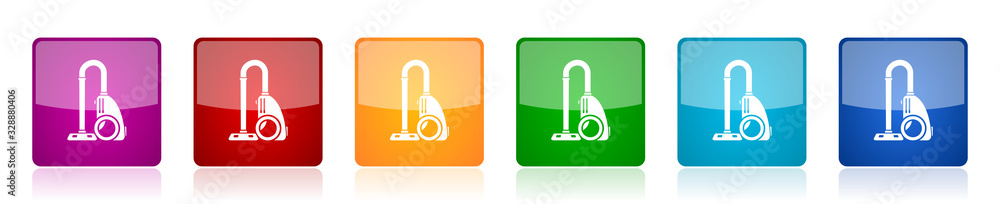 Poster vacuum cleaner icon set, colorful square glossy vector illustrations in 6 options for web design and