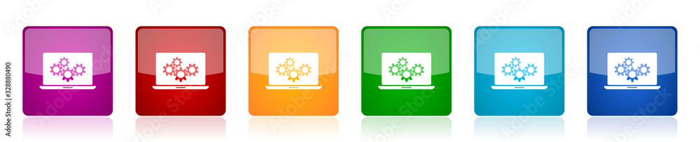 Poster Laptop icon set, notebook, computer colorful square glossy vector illustrations in 6 options for web design and mobile applications