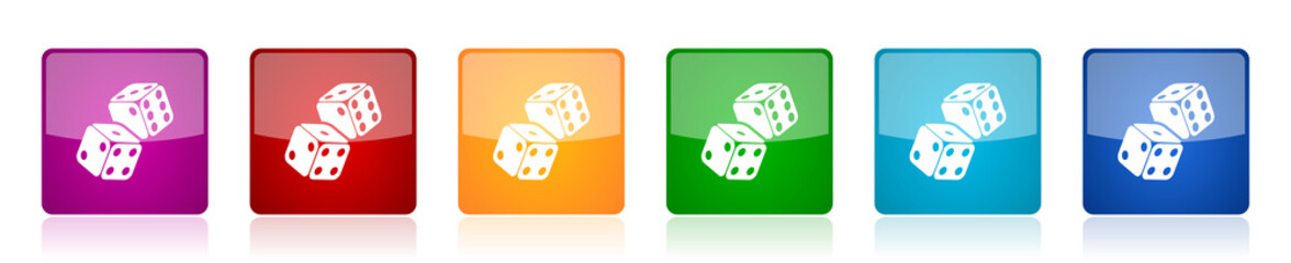 Dice, casino icon set, colorful square glossy vector illustrations in 6 options for web design and mobile applications