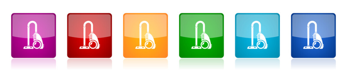 Vacuum cleaner icon set, colorful square glossy vector illustrations in 6 options for web design and mobile applications