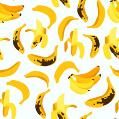 Vector cartoon seamless pattern with yellow bananas with dark spots on white background. Flat style. Modern minimalistic texture. Kitchen textile, vegan shop packege design, children wallpaper, poster