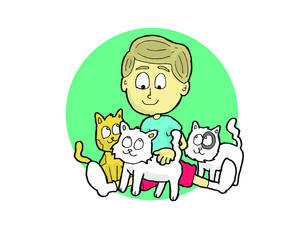 boy loves cats. cartoon. three cats.