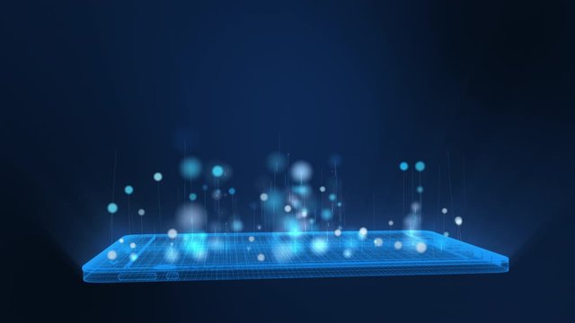 3D Rendering, Animation of bright digital tablet and city wireframe in bright blue and white colors particles, Sphere particle line rise up. Digital technology and communication concept.