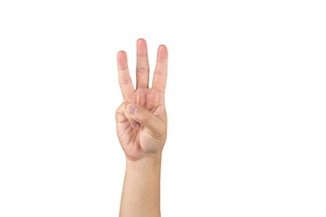 Asian hand shows and counts 3 finger on isolated white background with clipping path
