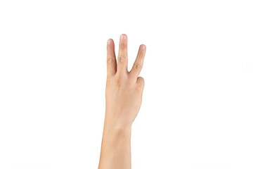Asian back hand shows and counts 3 (three) sign on finger on isolated white background. Clipping path