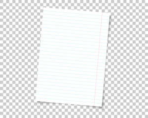 Vector school note book paper with realistic shadow. White blank page isolated on background. Mock up template.