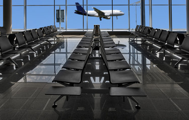 Rows of black chairs at airport and plane landing