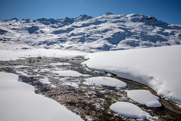Val Thorens, France - February 18, 2020: Landscape of Alps mountains in winter close to Lac du Lou, Val Thorens, France