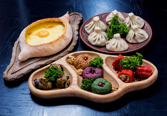 Georgian cuisine food set. Georgian restaurant. Restaurant background.