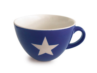 Blue ceramic cup with white painted star and white interior. Super large coffee, tea or soup ceramic cup, cereal mug cup, noodle bowl isolated on white background.