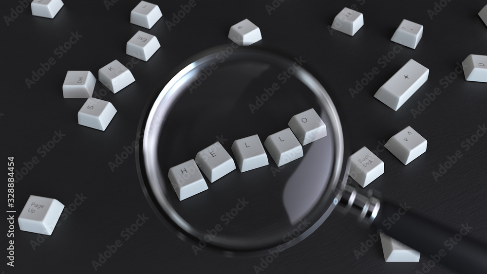 Poster 3d rendering of old white keyboard buttons under a magnifying glass formed hello on black background