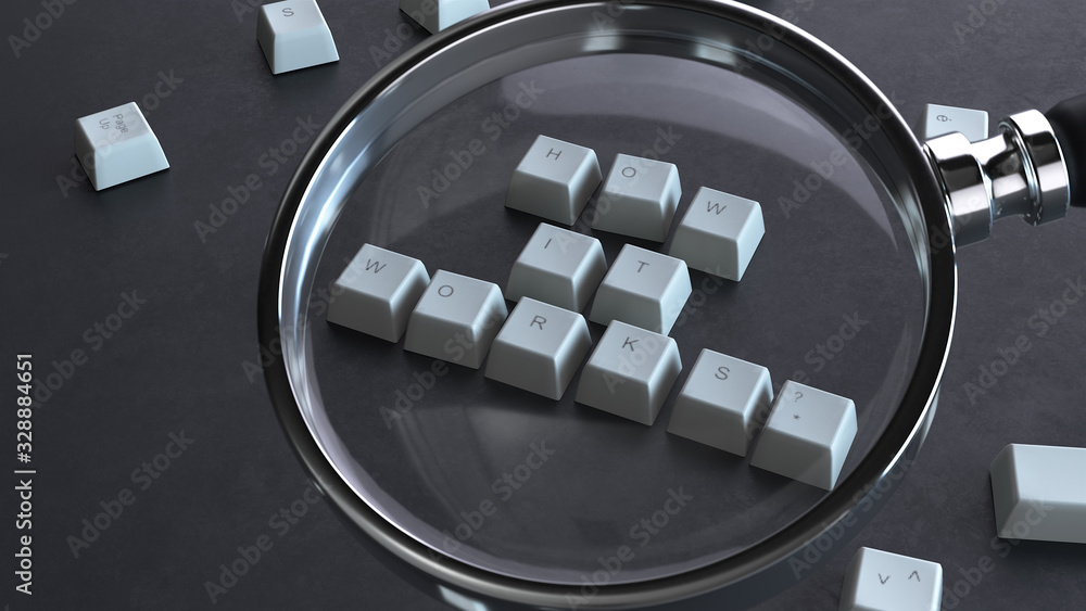 Poster 3d rendering of old white keyboard buttons under a magnifying glass formed 