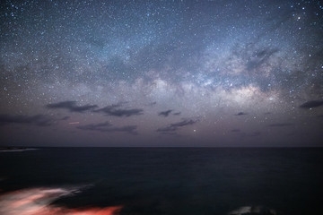 横一文字に広がる夜明け前の天の川銀河を宮古島で撮影