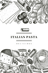 Italian pasta with additions design template. Hand drawn vector food illustration. Engraved style. Vintage pasta different kinds background.