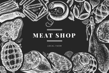 Vintage vector meat products design template. Hand drawn ham, sausages, jamon, spices and herbs. Retro illustration on chalk board. Can be use for restaurant menu. - obrazy, fototapety, plakaty
