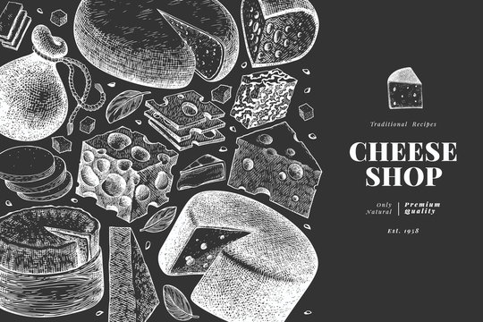 Cheese design template. Hand drawn vector dairy illustration on chalk board. Engraved style different cheese kinds banner. Vintage food background.