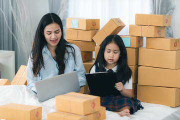 Young business woman working online shopping at her home