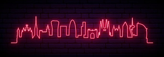 Red neon skyline of Barcelona city. Bright Barcelona long banner. Vector illustration.