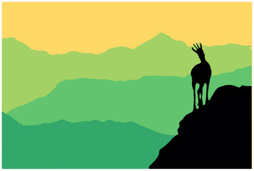 A chamois stands on top of a hill with mountains in the background. Black silhouette with green and yellow background. Illustration.