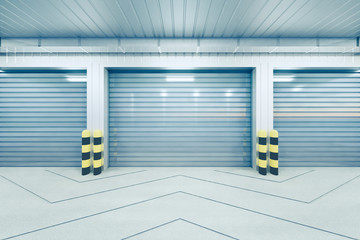 Roller door or roller shutter. Also called security door or security shutter. For protection home and industrial building i.e. factory, warehouse, hangar, workshop, store, hall or garage. 3d render.