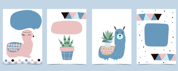 Pink green baby shower invitation with llama. Vector birthday invitation for kid and baby.Editable element