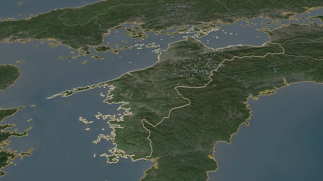 Ehime, prefecture with its capital, zoomed and extruded on the satellite map of Japan in the conformal Stereographic projection. Animation 3D