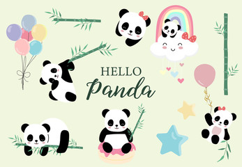 Pastel animal set with panda,rainbow,balloon,heart illustration for sticker,postcard,birthday invitation.Editable element